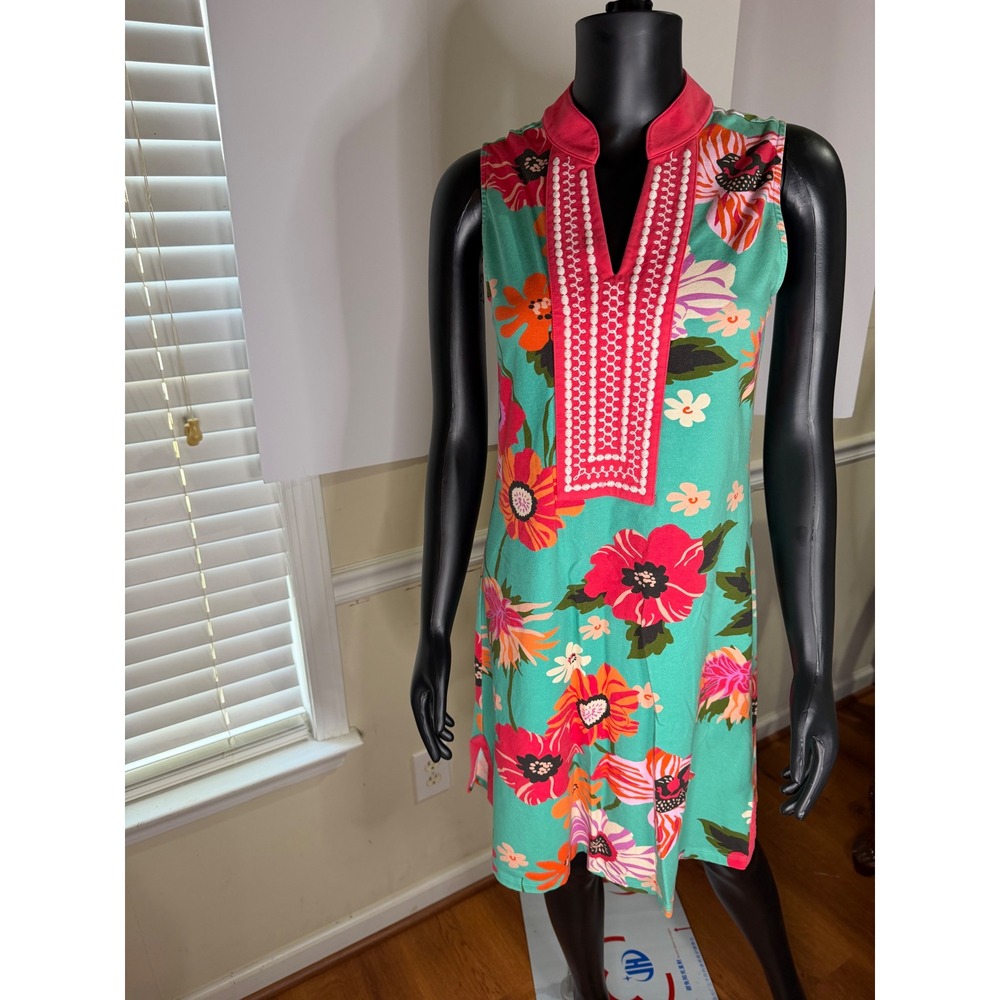 Spartina 449 Teal Floral Sleeveless Shift Dress Pink Embroidered Neck Medium